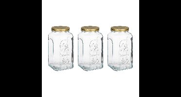 Voorraadpot/bewaarpot Square - 3x - glas - 3L - transparant/goud - D13 x H25 cm - voedsel bewaren