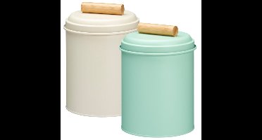 Voorraadpotten set - 2x - koekjes bewaarblik - 14 x 20 cm - metaal - groen / wit