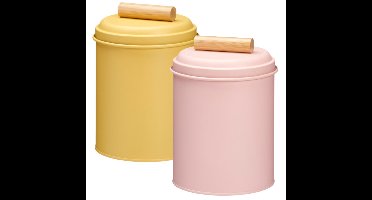 Voorraadpotten set - 2x - koekjes bewaarblik - 14 x 20 cm - metaal - roze / geel
