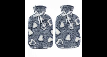 Warmwaterkruik - 2x - 2L - grijs/wit - met hoes - kruik - hartjes print