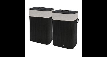 Wasmand - 2x - bamboe hout - met deksel - rechthoekig - zwart - 40 x 30 x 60 cm - 70 liter