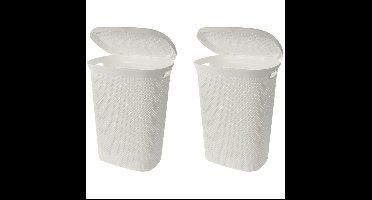 Wasmand met deksel rotan gevlochten - 2x - wit - kunststof - 60 liter - 60 x 46 x 37 cm
