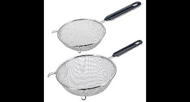 Westmark Keuken vergieten - 2x stuks - met handvat - zwart/zilver - rvs - D10 en D18 cm