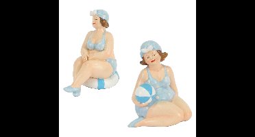 Woonkamer decoratie beeldjes set van 2 dikke dames - blauw badpak - 11 cm