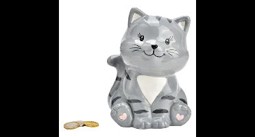 Wurm Spaarpot kat/poes - keramiek - grijs - 16 x 12 x 10 cm - sparen - kinderen