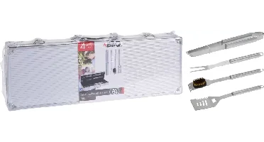 BARBECUEGEREEDSCHAPSET RVS 4 DLG, IN ALUMINIUM KOFFER 46X16X8CM