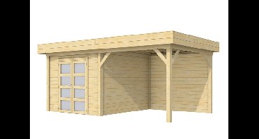 Woodvision Bosuil blokhut 300x300 cm + overkapping 300 cm vuren blank- Plat dak- Onbehandeld vurenhout- Woodvision