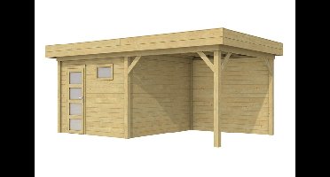 Woodvision Tapuit blokhut 300x300 cm + overkapping 300 cm vuren groen geïmpregneerd- Plat dak- Geïmpregneerd vurenhout- Woodvision