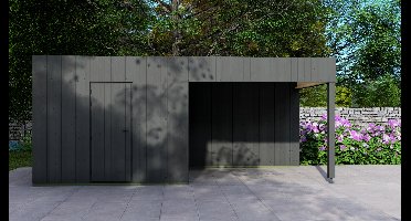 Van Kooten Trendy Poolhouse 300x300 cm + overkapping 300 cm vuren exterieur zwart gecoat- Plat dak- - Van Kooten