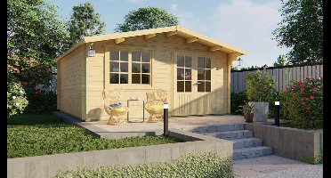 Tuindeco Salamanca Blokhut 500x500 cm 34 mm vuren blank- Zadeldak- Onbehandeld vurenhout- Tuindeco