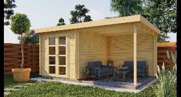 Tuindeco Elburg blokhut 250x250 cm + overkapping 250 cm 28 mm vuren red class wood geïmpregneerd