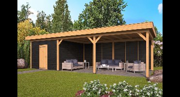 Tuindeco Oslo L Overkapping type 7 690x380 cm Lariks/Douglashout blank en Zweeds rabat zwart- Plat dak- Onbehandeld lariks Douglas hout- Tuindeco