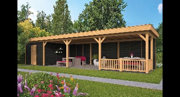 Tuindeco Oslo L Overkapping type 10 903x380 cm Lariks/Douglashout blank en Zweeds rabat zwart- Plat dak- Onbehandeld lariks Douglas hout- Tuindeco