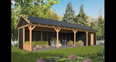 Tuindeco Hamar L Overkapping type 10 903x395 cm Lariks/Douglashout blank en Zweeds rabat zwart- Zadeldak- Onbehandeld lariks Douglas hout- Tuindeco