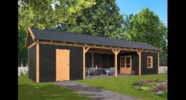 Tuindeco Hamar L Overkapping type 12 903x395 cm Lariks/Douglashout blank en Zweeds rabat zwart- Zadeldak- Onbehandeld lariks Douglas hout- Tuindeco