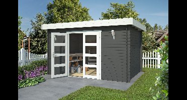 Outdoor Life Mikkel Blokhut 400x295 cm 28 mm vuren Carbon Grey-Wit gecoat- - - Outdoor Life