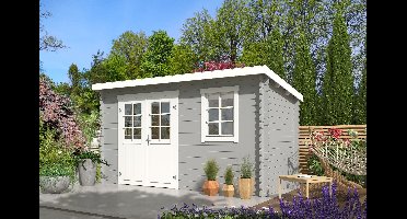 Outdoor Life Amira Blokhut 400x195 cm 28 mm vuren Platinum Grey-Wit gecoat- Lessenaarsdak- - Outdoor Life