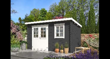Outdoor Life Amira Blokhut 400x195 cm 28 mm vuren Carbon Grey-Wit gecoat- Lessenaarsdak- - Outdoor Life