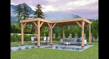 Tuindeco Beerze prieel 620x520 cm L-Vorm Douglas blank - Bouwpakket- Plat dak- Onbehandeld lariks Douglas hout- Tuindeco