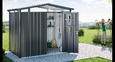 Biohort Panorama Gr. P2 metalen tuinhuis met standaard deur 273x198 cm kwartsgrijs metallic- Zadeldak- Staal- Biohort