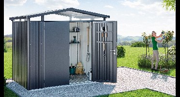 Biohort Panorama Gr. P2 metalen tuinhuis met dubbele deur 273x198 cm zilvergrijs metallic- Zadeldak- Staal- Biohort