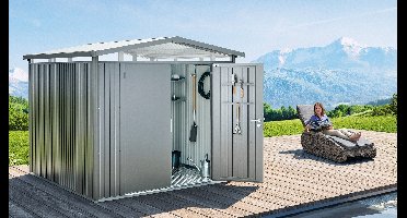 Biohort metalen tuinhuis Panorama Gr. P5 met dubbele deur 273x318 cm zilvergrijs metallic- Zadeldak- Staal- Biohort