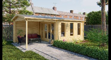 Tuindeco Skeg Blokhut 420x340 cm + overkapping 280 cm 44 mm vuren blank- Zadeldak- Onbehandeld vurenhout- Tuindeco