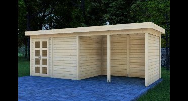 Van Kooten Prime Line blokhut 400x300 cm + overkapping 400 cm + achterwand en zijwand 28 mm vuren blank- Plat dak- Onbehandeld vurenhout- Van Kooten - Van Kooten