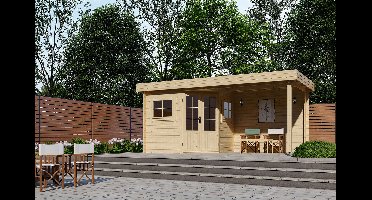 Interflex 2556Z Hoekblokhut 250x250 met overkapping 250 cm 28 mm vuren blank- Plat dak- Onbehandeld vurenhout- Interflex