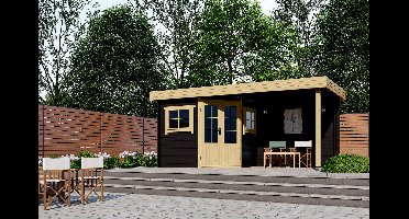 Interflex 2556Z Hoekblokhut 250x250 met overkapping 250 cm 28 mm vuren compleet gecoat- Plat dak- Hout- Interflex