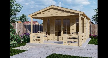 Interflex 3838L Blokhut 380x380 met overkapping 200 cm 40 mm vuren blank- Zadeldak- Onbehandeld vurenhout- Interflex