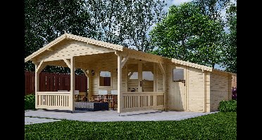 Interflex Blokhut 440x340 met overkapping 300 cm 50 mm vuren blank- Zadeldak- Onbehandeld vurenhout- Interflex