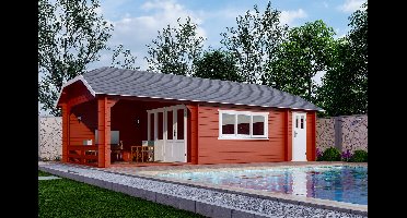 Interflex W Blokhut 440x440 cm met overkapping 300 cm 50 mm vuren exterieur gecoat- Wolfskap- Hout- Interflex