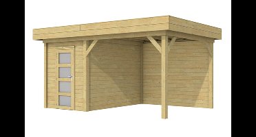 Woodvision Kiekendief blokhut 200x300 cm + overkapping 400 cm vuren groen geïmpregneerd- Plat dak- Geïmpregneerd vurenhout- Woodvision