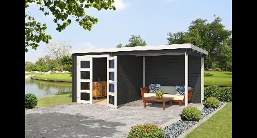 Outdoor Life Helena Blokhut 492,2 x 254 cm 28 mm vuren Carbon Grey-Wit gecoat- Plat dak- Geïmpregneerd vurenhout- Outdoor Life