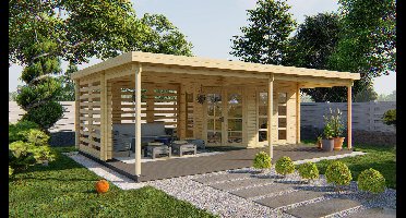 Tuindeco Oletha Blokhut 385x300 cm + overkapping 400 cm 40 mm vuren blank- Plat dak- Onbehandeld vurenhout- Tuindeco