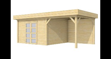 Woodvision Parelhoen blokhut 400x300 cm + overkapping 400 cm vuren blank- Plat dak- Onbehandeld vurenhout- Woodvision