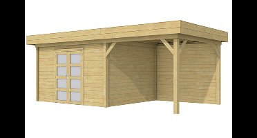 Woodvision Parelhoen blokhut 400x300 cm + overkapping 400 cm vuren groen geïmpregneerd- Plat dak- Geïmpregneerd vurenhout- Woodvision