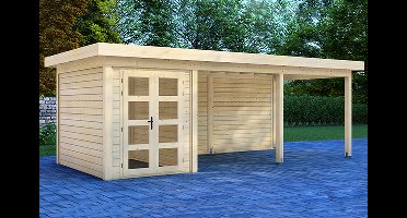 Van Kooten Prime Line blokhut 200x300 cm + overkapping 500 cm + achterwand 28 mm vuren blank- Plat dak- Onbehandeld vurenhout- Van Kooten - Van Kooten