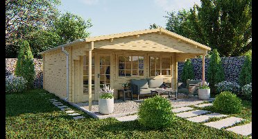 Tuindeco Rune Blokhut 595x595 cm + overkapping 200 cm 70 mm vuren blank- Zadeldak- Onbehandeld vurenhout- Tuindeco