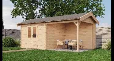 Lugarde Select Raalte Blokhut met overkapping 300x300 cm + 300 cm 28 mm vuren blank- Zadeldak- - Lugarde Select