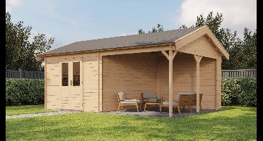 Lugarde Select Hattem Blokhut met overkapping 300x400 cm + 300 cm 28 mm vuren blank- Zadeldak- - Lugarde Select