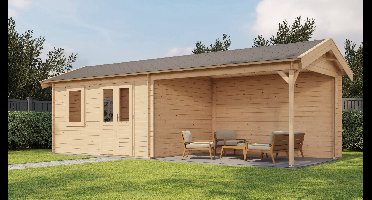 Lugarde Select Voorst Blokhut met overkapping 400x300 cm + 400 cm 28 mm vuren blank- Zadeldak- - Lugarde Select