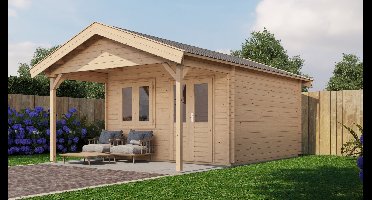 Lugarde Select Elburg Blokhut met overkapping 400x400 cm + 200 cm 44 mm vuren blank- Zadeldak- - Lugarde Select