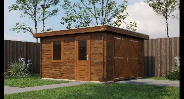 Lugarde Select Groenlo Blokhut met garagedeur 400x400 cm 44 mm vuren keteldruk bruin geïmpregneerd- Plat dak- - Lugarde Select