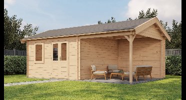 Lugarde Select Oosterbeek Blokhut met overkapping 400x400 cm + 300 cm 44 mm vuren blank- Zadeldak- - Lugarde Select