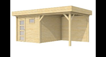 Woodvision Tapuit blokhut 300x300 cm + overkapping 400 cm vuren blank- Plat dak- Onbehandeld vurenhout- Woodvision