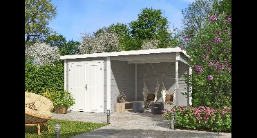 Outdoor Life Finn Tuinhuis 450x250 cm 28 mm vuren Platinum Grey-Wit gecoat- Lessenaarsdak- Hout- Outdoor Life