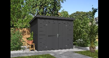 Outdoor Life Mila Tuinhuis 250x250 cm 28 mm vuren Carbon Grey gecoat- Lessenaarsdak- Hout- Outdoor Life