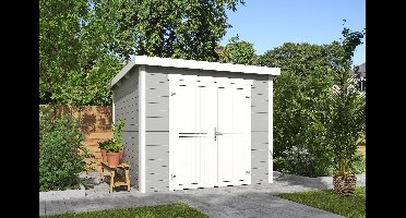 Outdoor Life Mila Tuinhuis 250x250 cm 28 mm vuren Platinum Grey-Wit gecoat- Lessenaarsdak- Hout- Outdoor Life